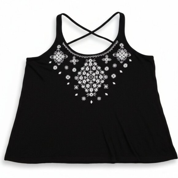 Aeropostale ✦ Black Embroidered Tank Top M ✦ Crisscross Back Sleeveless Casual - Picture 3 of 9